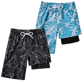IRELIA 2 Pack Boys 2 in 1 Swim Trunks Boxer Brief Liner Compression Swimming Shorts Quick Dry Swimwear A0103 14-16