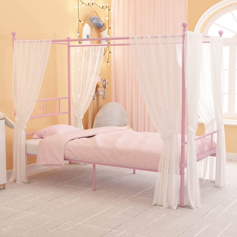 Weehom Twin Canopy Bed Frame with Headboard and Footboard, 4