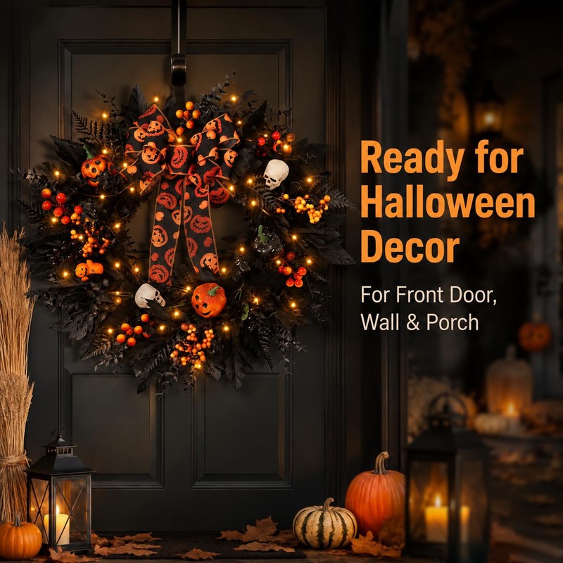 24 in Halloween Wreath for Front Door, Black Skeleton Spider