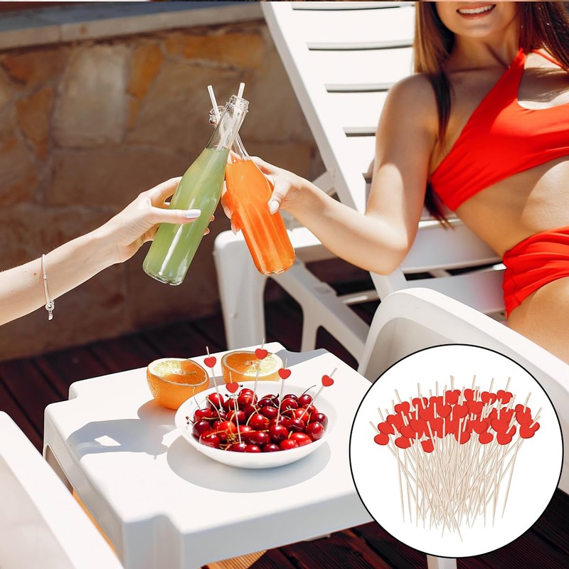 WELANE Fruit Sticks, 100 PCS Red Heart Cocktail Picks for