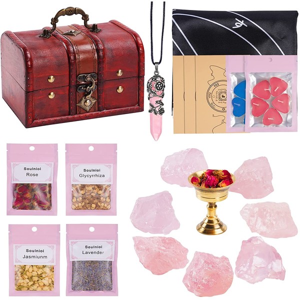 Crystals and Healing Stones for Attract Love, 28 Pcs Rose Quartz Crystals Kit, Chakra Self Love Healing Crystal with Gift Wooden Box for Wicca Beginners Reiki Yoga Meditation (28 PCS)