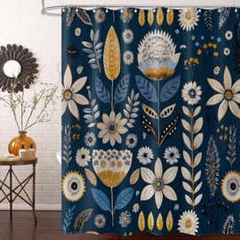 Fowocu Boho Floral Shower Curtain Blue Abstract Bohemian Flowers Botanical Leaf Bathroom Curtain Vintage Mid Century Modern Waterproof Fabric Shower Curtains for Bathroom Decor 72x72 inch