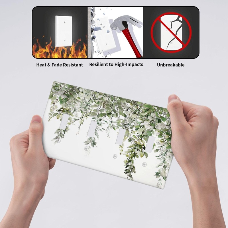 Tewujay Light Switch Cover Green Eucalyptus Leaves 4 Gang Switch
