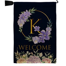 Welcome K Initial Burlap Burlap Garden Flag Set Mailbox Hanger Monogram Floral Sunflower Tulip Rose Orchid Lilies Season Springtime Flower Wreath Small Gift Yard House Banner Double-Sided 13 X 18.5