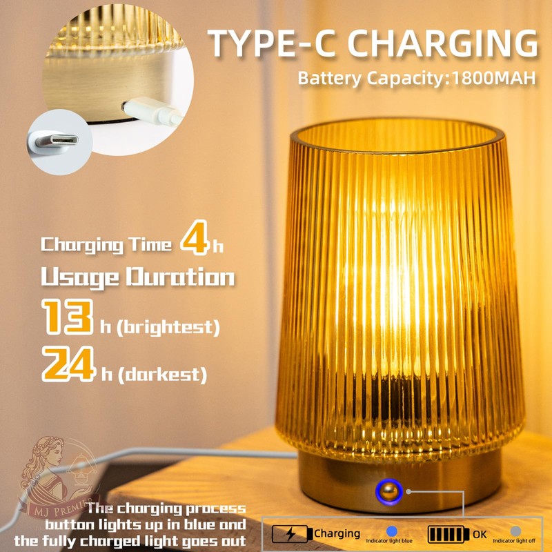 MJ PREMIER Cordless Lamps Rechargeable Glass Table Lamp Portable Dimmable