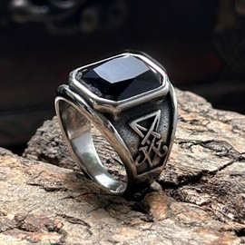 bahamut Baphomet Black Gemstone Ring Sigil of Lucifer Satan Symbol Signet Ring for Men,Fallen Angels Satanic Jewelry, steel Gemstone, No Gemstone