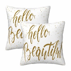 Orythyra Hello Beautiful Bling Pillow Covers 18 X 18 Gold Glitter Motivational Quote Set of 2 Pillow Cases Square Velvet Outdoor Throw Cushion Pillowcases Decorative for Home Bed Sofa Couch Hotel