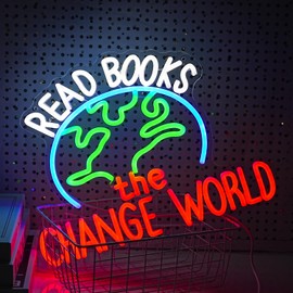 Read Books Change The World Neon Sign World LED Neon Light Powered by USB Dimmable Read Books Light Up Sign for School Classroom Bookstore Library Museum Study Room Wall Decor(16.5 * 12.6In)