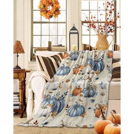Fall Thanksgiving Throw Blanket Blue White Pumpkin Blanket Throw Soft Warm Watercolor Flowers Leaf Vintage Holiday Flannel Blankets for Couch Bed Sofa Throw Blanket for Home Decoration 40" x 50"