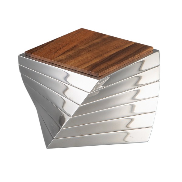 Nambe Twist Collection - Stackable Coaster Set - Set of 6 - Measures at 4.25" x 4.25" x .5" - Made with Nambe Alloy and Acacia Wood - Designed by Lou Henry