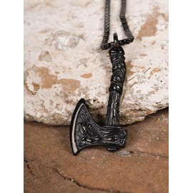 HAQUIL Viking Battle Axe Necklace, Black Plated Stainless Steel Wolf Raven Axe Amulet Pendant, Box Chain, Viking Jewelry for Men