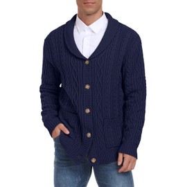 Hisir Men's Cardigan Shawl Collar Cable Knitted V-Neck Cardigans Men's Long Sleeve Winter Casual Buttons with Pockets, navy