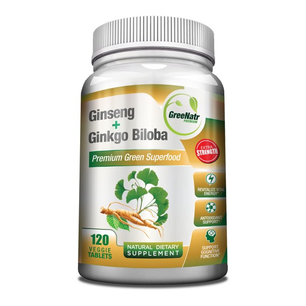 Panax Ginseng + Ginkgo Biloba Tablets - Premium Non-GMO/Veggie Superfood - Traditional Energy Booster and Brain Sharpener (120 Tablets)