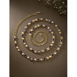 Aheli Ethnic Faux Stone Cintura Charm Jewelry Kamar Patta Belly Chain Indian Traditional Sari Saree Belt para Mujeres (Azul)
