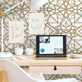 RoomMates RMK10689WP Sky and Metallic Gold Shatter Geometric Peel and Stick Wallpaper 20.5" wide x 16.5 feet