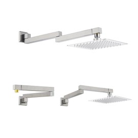 18.5 Inches Straight Extended Pivoting Shower Arm With Flange, Rain Shower Head Extension Arm, Square 360°Swiveling Foldable Shower Arm, Wall-Mounted Brushed Nickel Stainless Steel