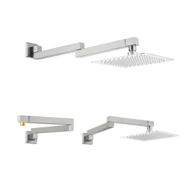 18.5 Inches Straight Extended Pivoting Shower Arm With Flange, Rain Shower Head Extension Arm, Square 360°Swiveling Foldable Shower Arm, Wall-Mounted Brushed Nickel Stainless Steel