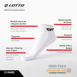 Lotto, 12 Pairs of Unisex Technical Socks Made of Soft Cotton with Micro Sponge Sole, Designed for Running, Gym, Fitness, Pilates, Oeko-Tex Certified, White, EU 43-46 / UK 9-11, White