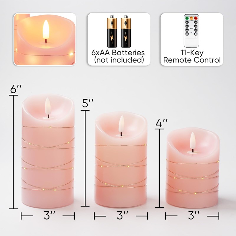 Homemory Flameless Candles with String Lights, 3 Pack Embedded Fairy
