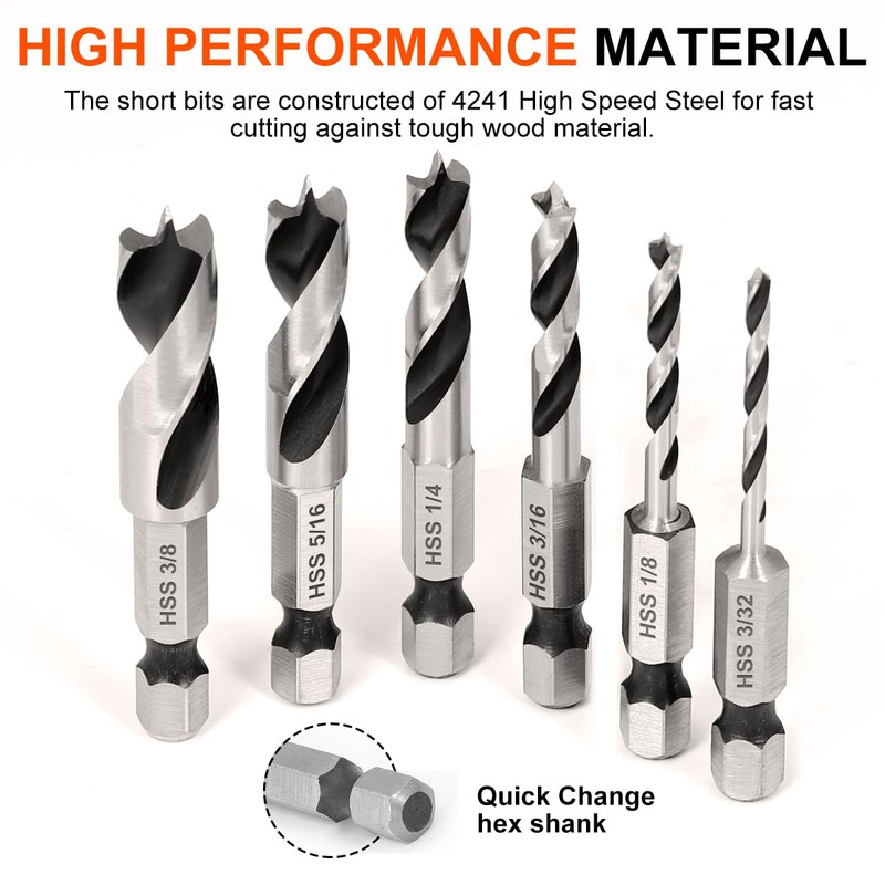 COMOWARE Brad Point Stubby Drill Bit Set for Wood, Short