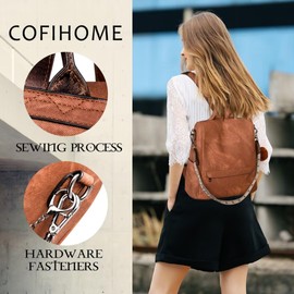 COFIHOME Backpack Purse for Women Ladies Backpack Vegan PU Leather Fashion Anti-theft Rucksack Waterproof Classic Print Daypack Shoulder Handbag Bag Security Casual Travel Hiking Knapsacks, Brown