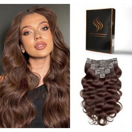 Tandulo Clip in Hair Extensions Real Human Hair Body Wave 6 Chestnut Brown Clip in 100% Brazilian Remy Human Hair Extensions 8pcs Per Set with 18 Clips Double Weft 18 Inch 100g/3.6oz