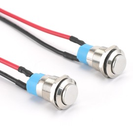 Powice Pack of 2 12 mm waterproof switch, pressure switch, self-locking stainless steel button switch, 12 V/230 V, suitable for horns, car bells, cars etc. with wire (protruding)