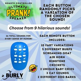 Remote Controlled Sound Prank - Farts, Burps, Screaming Goat, Air Horn, Phone Ringtone, Crickets, Baby Crying, Cat, Dog - 26 Different Realistic Sounds - Up to 100ft Range