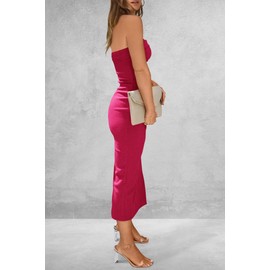 PRETTYGARDEN Women's Summer Bodycon Maxi Tube Dress Ribbed Strapless Side Slit Long Going Out Casual Elegant Party Dresses (Rose Red,Large)