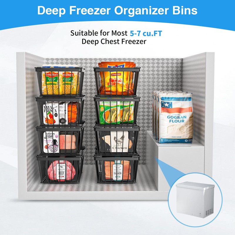 Wrrlors 4 Pack Freezer Organizers Bins,Black Stackable Upright Baskets