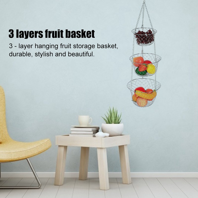 3‑Tier Flower Basket Iron Wire Hanging Vegetable Storage Fruit Organizer