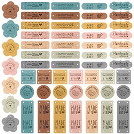 56pcs Microfiber Leather Tags for Handmade Items, 8 Styles Handmade with Love Tags for Crochet Colorful Embossed Leather Labels Sew on Tag for DIY Hat Bag Jeans Scarves Knit Accessories