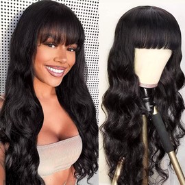 Human Hair Wigs for Black Women Body Wave Wig with Bangs Long Black Wigs Brazilian Hair Curly Wig Glueless Human Hair for Daily Party Use - Natural Black 22 Inches