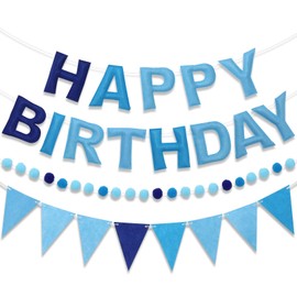 LITAUS Pre-Strung Happy Birthday Banner & Felt Garland Set - Blue Birthday Decorations for Boys, Men & Pets | Reusable Felt Party Supplies for Indoor & Outdoor Celebrations