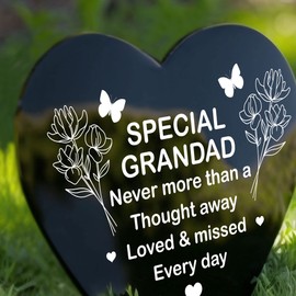 RED OCEAN Special Grandad Graveside Memorial Marker - Black Acrylic Grave Heart Ornament - Memorial Plaque Tribute For Grandad Grandparents - Bereavement Gifts For Grandad
