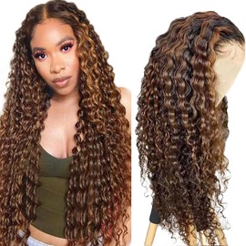 AiPliantfis Deep Wave Human Hair Wig Brown Echthaar Perücke Damen 4X1 Lace Glueless Wig Wear and Go P430 Highlight Pre Plucked 150% Density Unprocessed Brazilian Remy Hair 34 Zoll