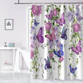 chiinvent Purple Butterfly Shower Curtains for Bathroom, Spring Butterflies Rustic Floral Shower Curtain with 12 Hooks, Machine Washable Waterproof Fabric, 72X72 Inches