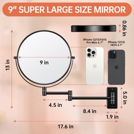 Benbilry 9" Large Size Wall Mounted Makeup Vanity Mirror, 1X/10X Magnifying Double Sided Shaving Mirror for Bathroom, 360° Swivel Extendable Arm, Black