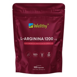 Wellthy L-Arginina 1200mg 100 Caps. 100 Pura y Natural, 50 Porciones por Envase, Alta Pureza con Certificaciones Internacionales, Bottle Free         
