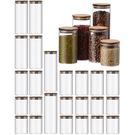 Qinyoung 24 Pcs Glass Storage Jar with Acacia Wooden Lid, 4 Sizes Food Storage Container Clear Stackable Canister Airtight Glass Jar for Candy Cookie Rice Sugar Pasta 3.4''x4'', 6'', 7.9'', 9.8''