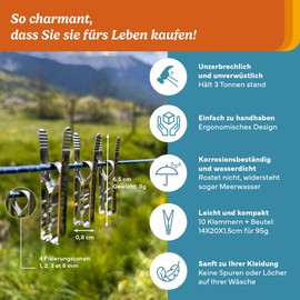 Wild Pinups: 10 Stainless Steel Pincinox Clothes Pegs with Clothes Peg Bag and Carabiner. For Laundry Room, Clothes Line, Rotary Airer. Robust and Durable Clothes Pegs, Made in France