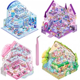 DIY 3D House Scene Stickers 4 Sets DIY 3D Isometric Miniature Room Sticker Scene Cute Make Your Own Shop House,3D Cartoon Scene Stickers for Kids Therapy for Adult Relief Stress Pass The Time
