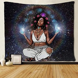 SARA NELL Wall Tapestry African American Women with Pink Roses in Galaxy Tapestries Hippie Art Wall Hanging Throw Tablecloth 50X60 Inches for Bedroom Living Room Dorm Room