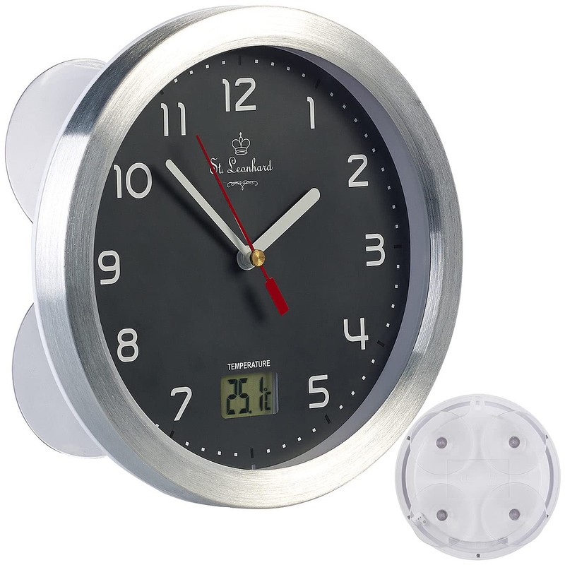 St. Leonhard Bathroom Clock: Bathroom Wall Clock with LCD Thermometer,
