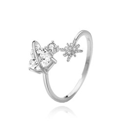 Rhinestone Heart Star Wrap 925 Sterling Silver Ring Sparkly CZ White Gold Plated Statement Celestial Planet Stacking Cuff Knuckle Finger Adjustable Open Band Rings Comfort Fit Jewelry Gifts for Women