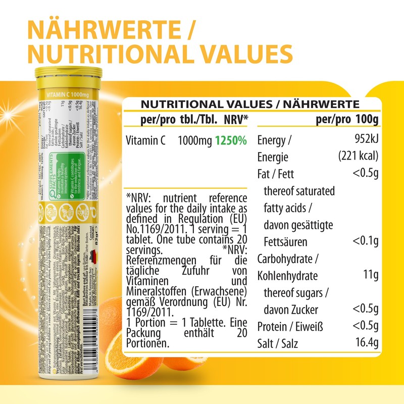 EVÄM Premium Vitamin C 1000 mg Effervescent Tablets, Orange Flavour,