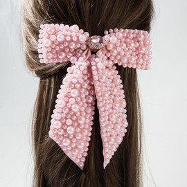 Large Pearl Rhinestone Hair Bow Clips- Full Sparkling Pearls with Crystal Stone Around Handmade Metal Barrettes Oversized Ribbons Butterfly Bride Hair Clips Accessories for Women Girls (Pink)