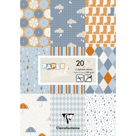 Clairefontaine 95241C Paper Touch Block with 20 Sheets Printed Craft Card 200 g DIN A5 14.8 x 21 cm + Stickers Alphabet + Labels, for Scrapbooking and Craft Activities, Rain, Pack of 1