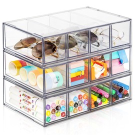 Desk Organizer with 12 Drawers, FODIENS 3 Packs Stackable Desktop Storage Box with Removable Drawer, Clear Sunglasses Organizer Display Case for Stationery Marker Pens Eyeglasses Office Supply