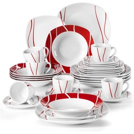 MALACASA Fiesta Dinnerware Sets, 18//24/30-Piece Porcelain Square Dishes, Gray White with Red Rim, Modern Dish Set for 6 - Plates and Bowls Sets, Cups and Saucers Set - Series FELISA - Number Of Piece: 30 Piece